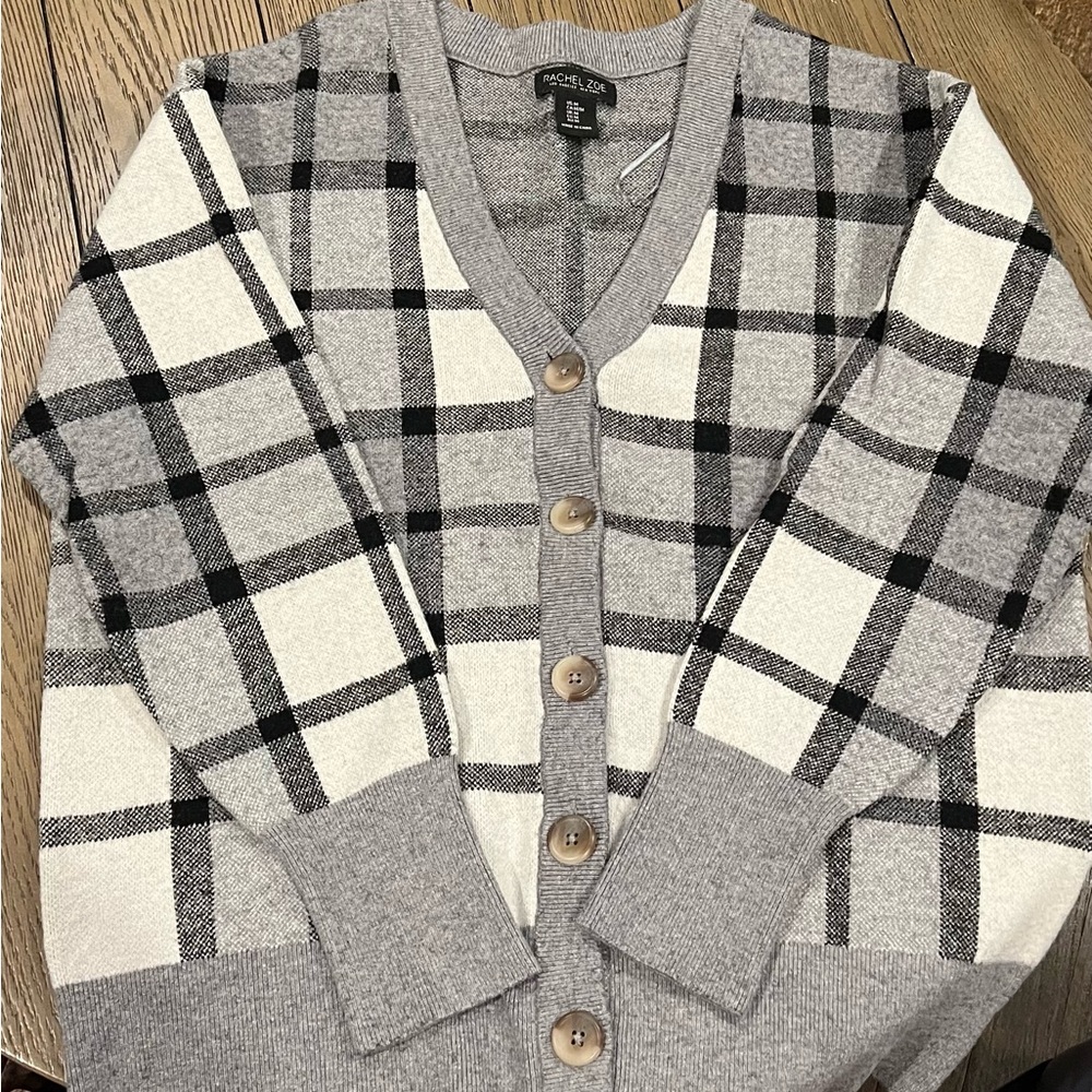 Rachel Zoe Plaid Gray and Black Cardigan